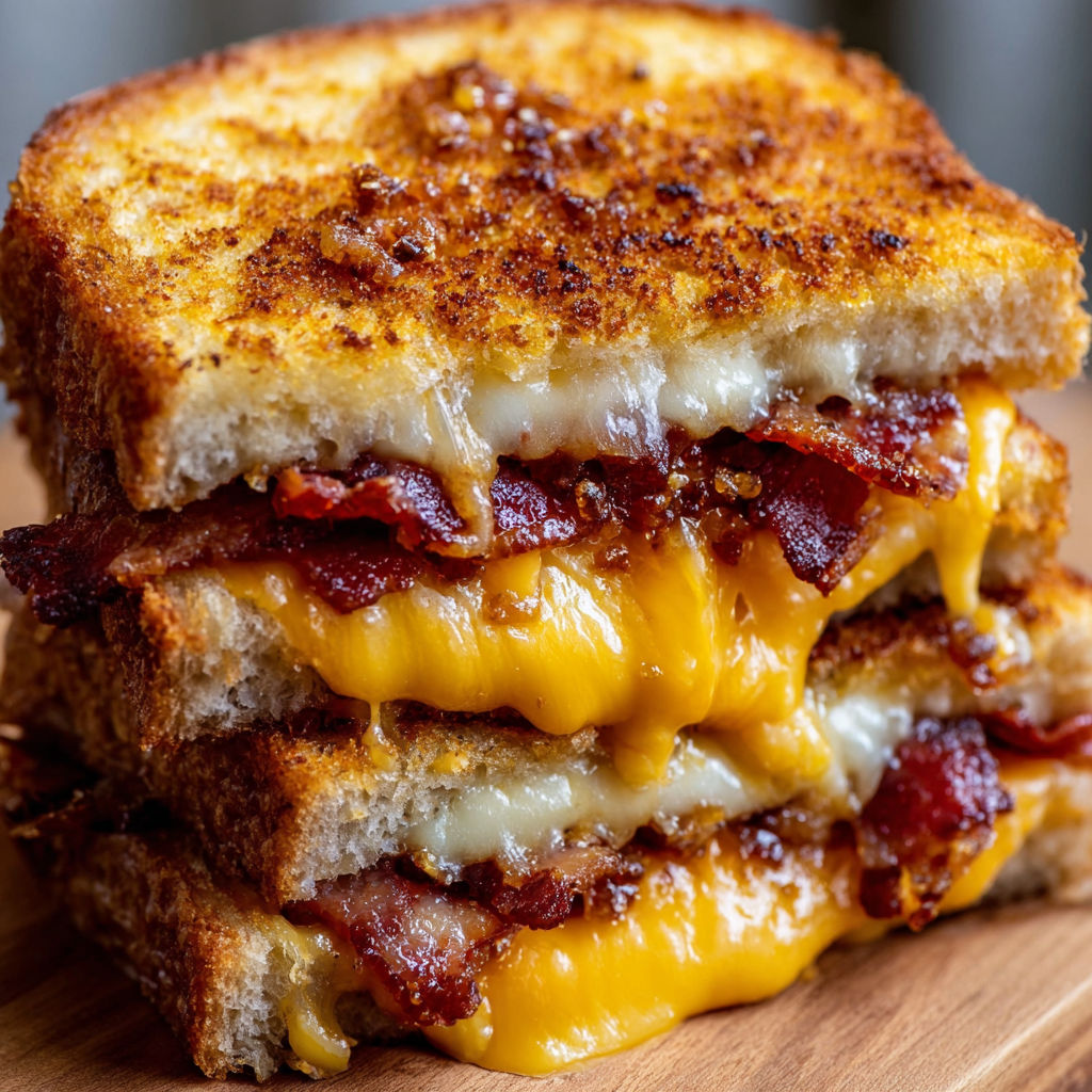 A close up of a Maple Bacon Cheddar Grilled Cheese sandwich.