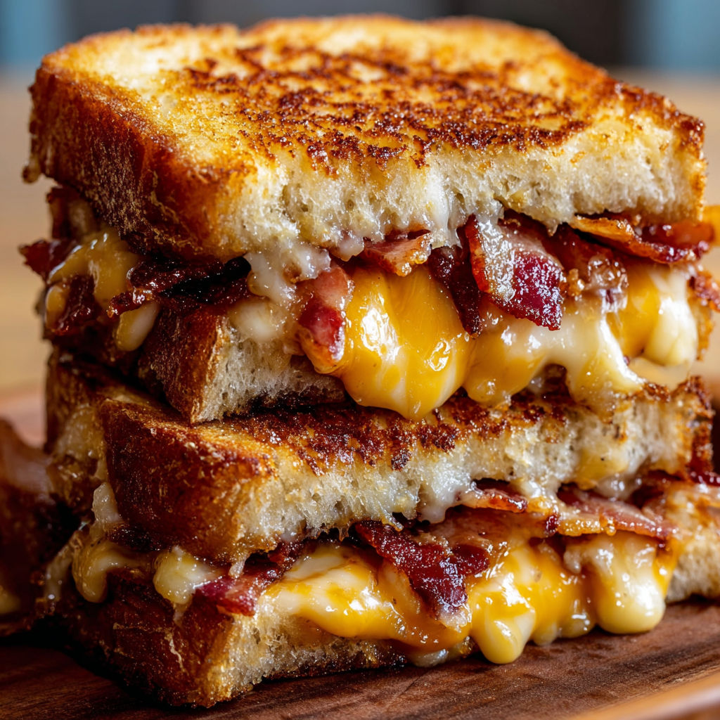 A stack of grilled cheese sandwiches with bacon on top.