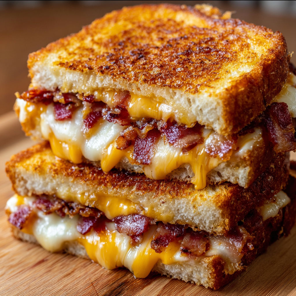 A stack of grilled cheese sandwiches with bacon on top.