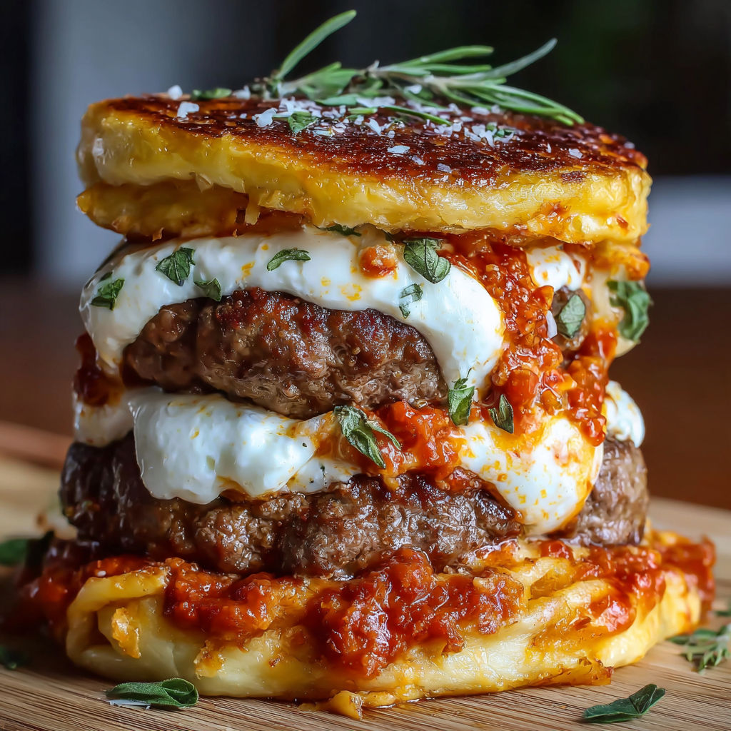 A stack of meat and cheese sandwiches with tomato sauce on a wooden table.