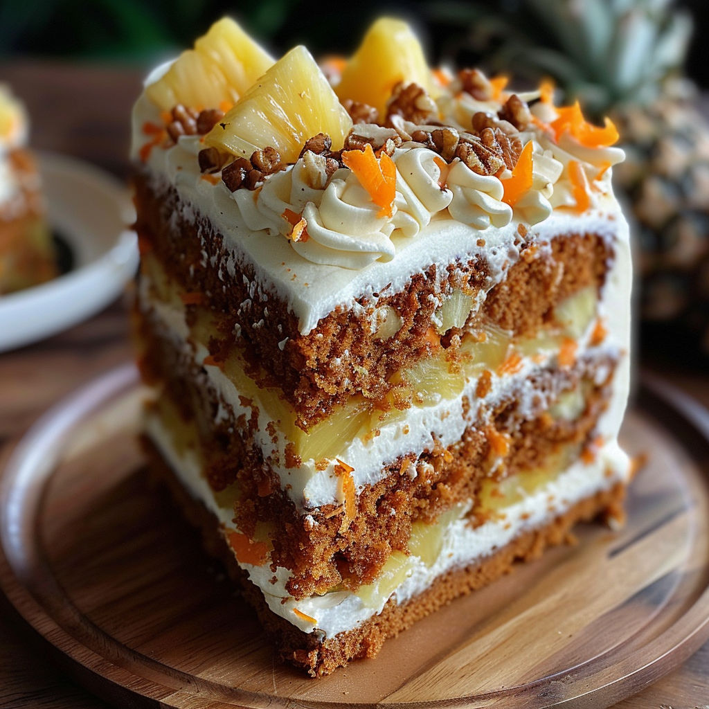 A slice of Hawaiian carrot pineapple cake with white frosting and orange carrot slices.