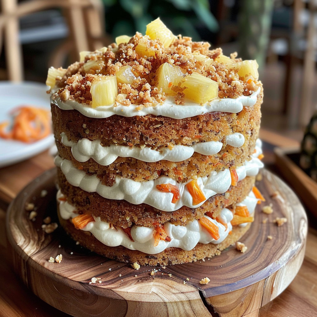 A delicious Hawaiian Carrot Pineapple Cake is displayed on a wooden table, ready to be enjoyed.
