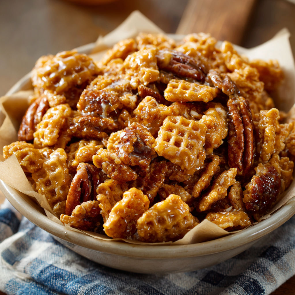 A bowl filled with a delicious pecan cereal.