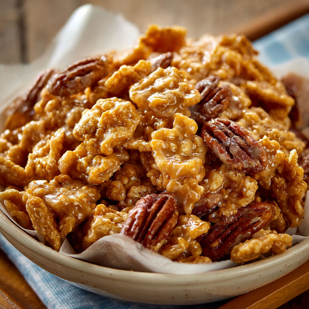 A bowl of cereal with pecans and a white napkin underneath.