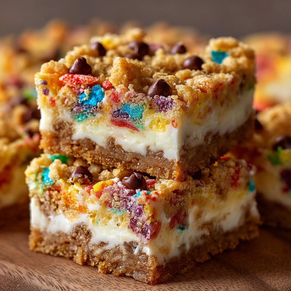 A close up of a dessert with chocolate chips and colorful cereal.