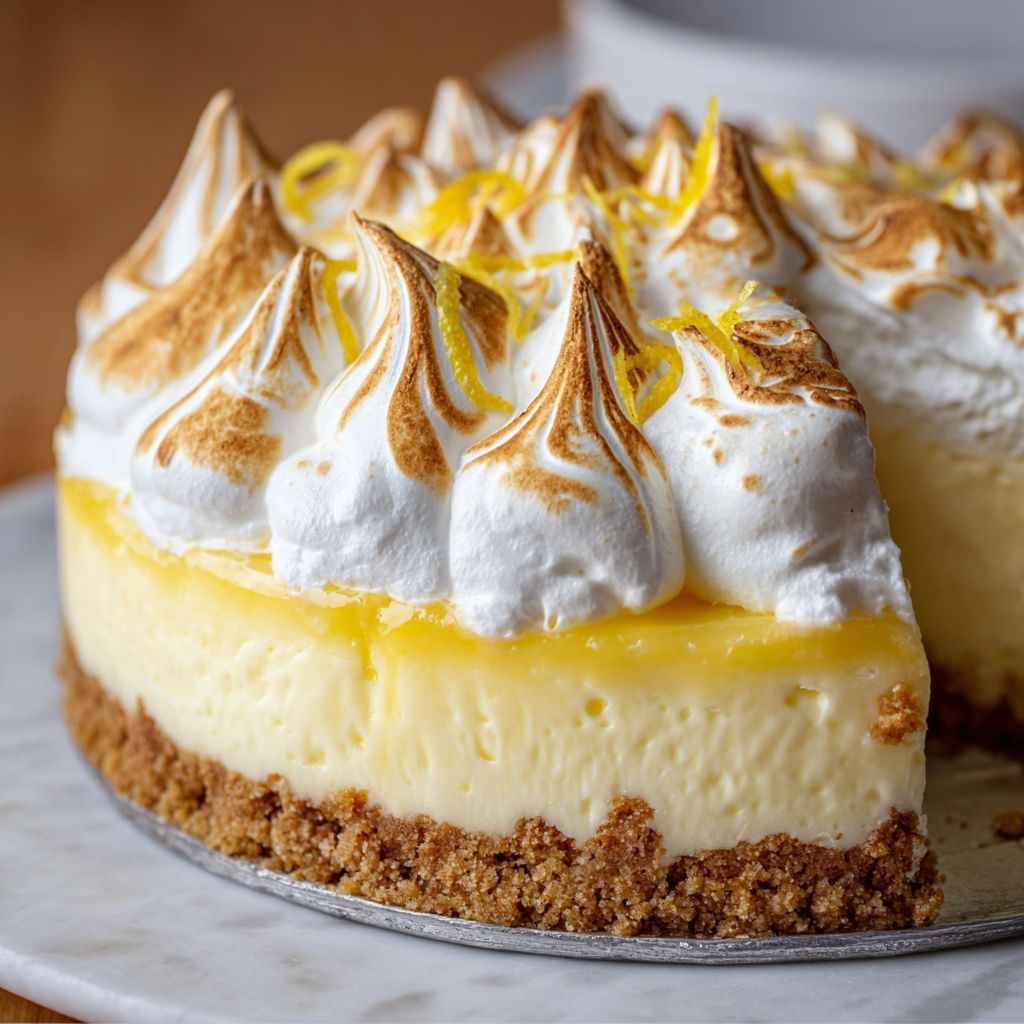 A slice of Lemon Meringue Cheesecake on a plate.