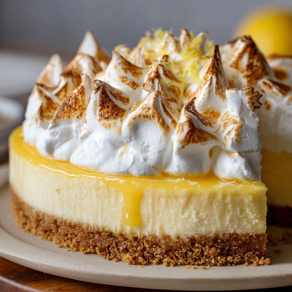 A slice of lemon meringue cheesecake on a wooden plate.