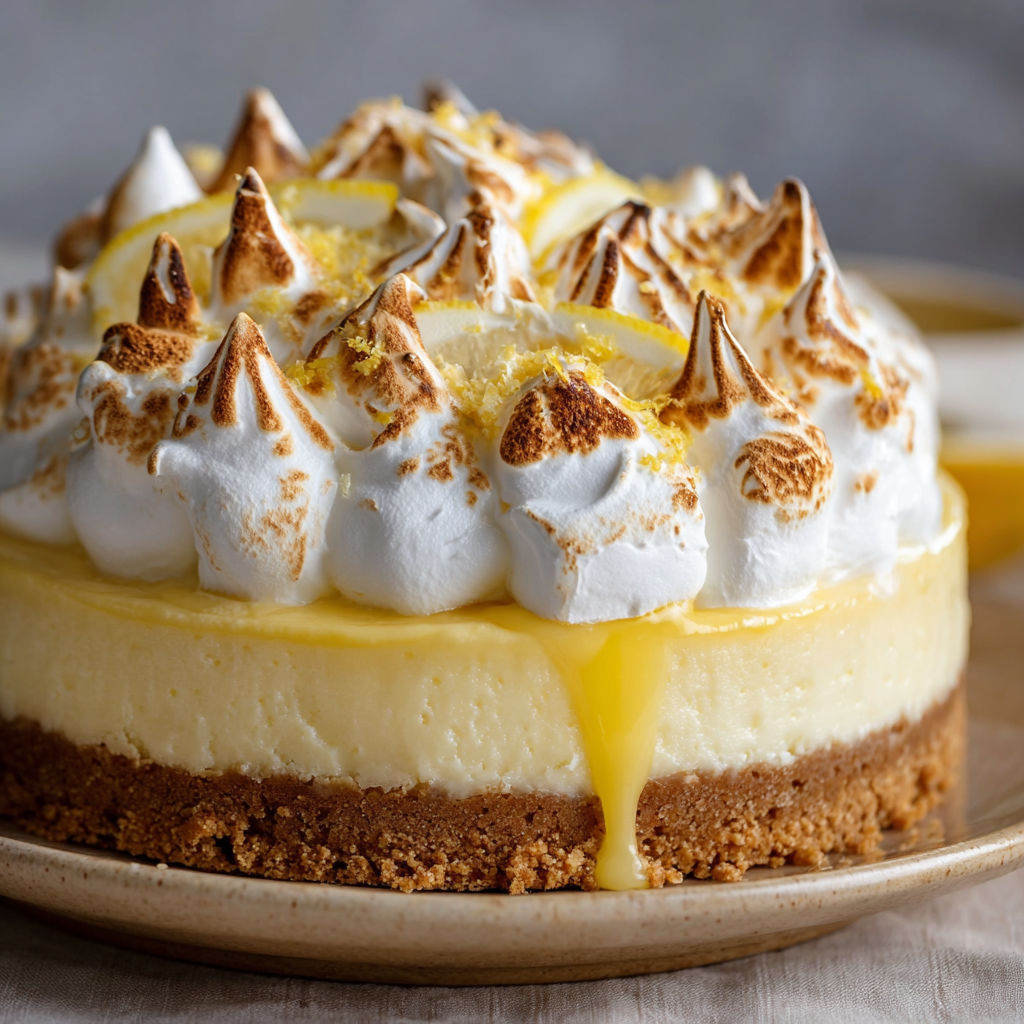 A slice of Lemon Meringue Cheesecake on a plate.