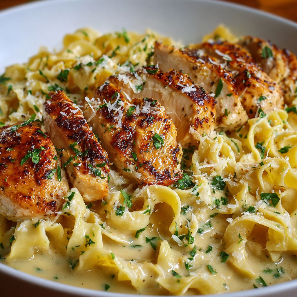 A delicious meal of chicken with buttered noodles.