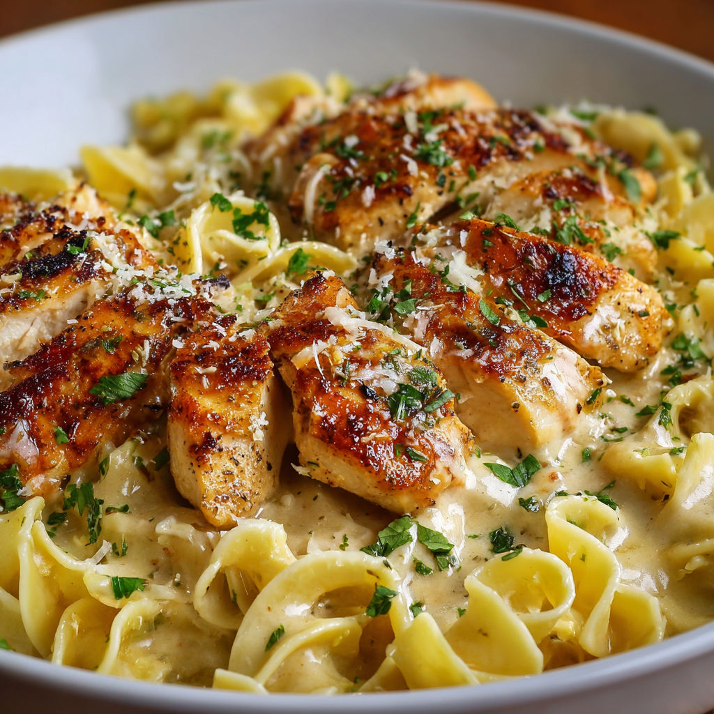 A delicious meal of chicken with buttered noodles.