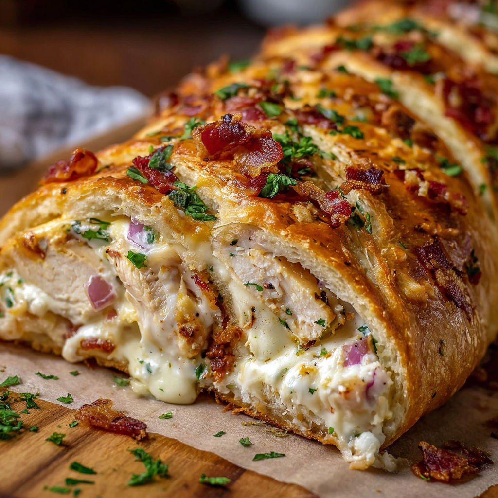 A delicious Chicken Bacon Ranch Stromboli Recipe is displayed on a cutting board, ready to be sliced and enjoyed.