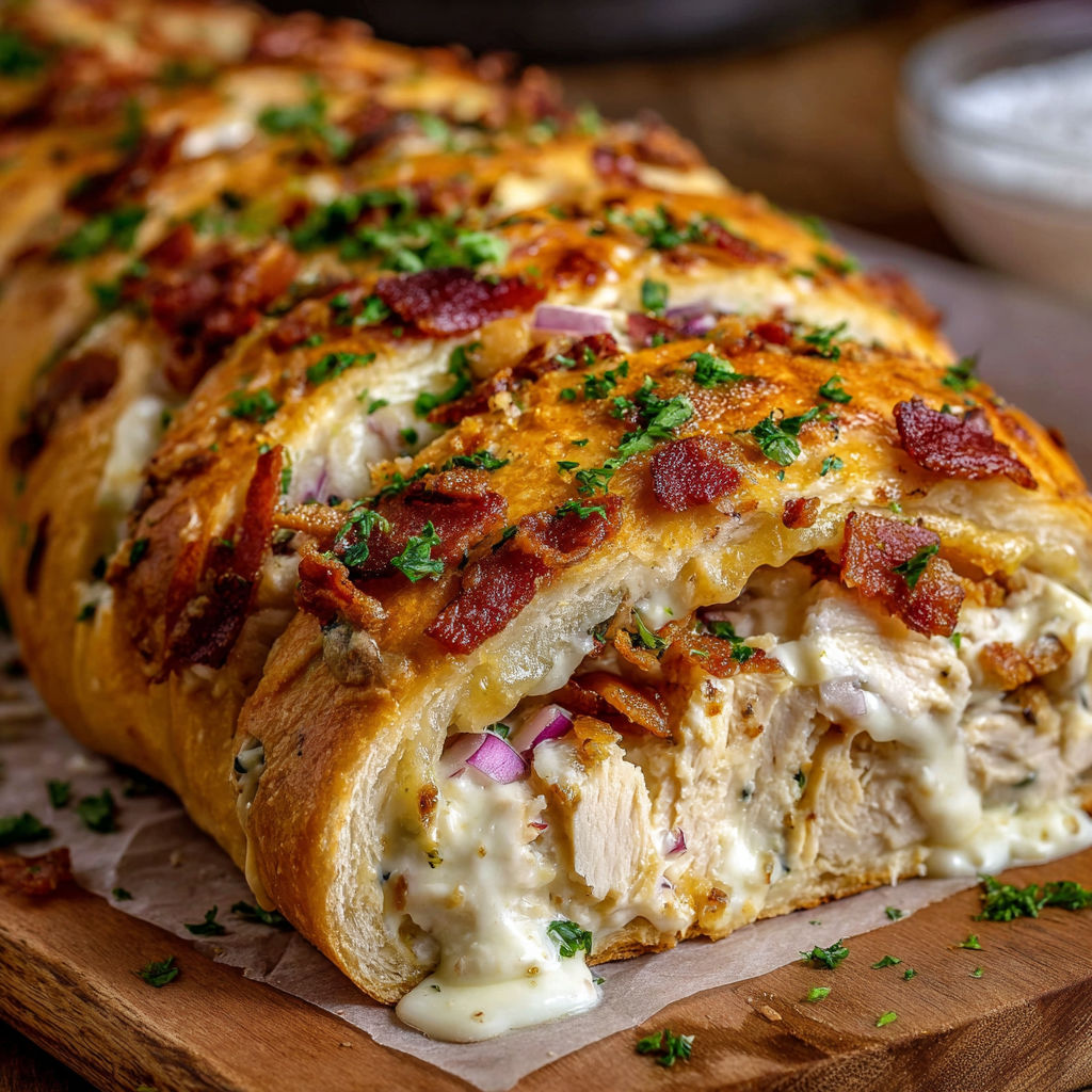 A delicious bacon and cheese stuffed chicken roll is presented on a wooden cutting board.