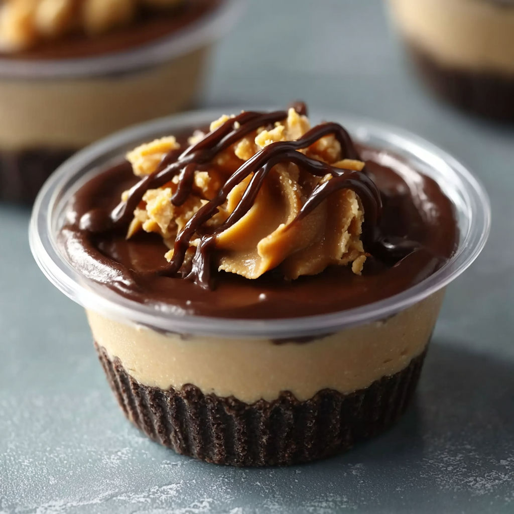 A chocolate peanut butter cup with a drizzle of caramel on top.