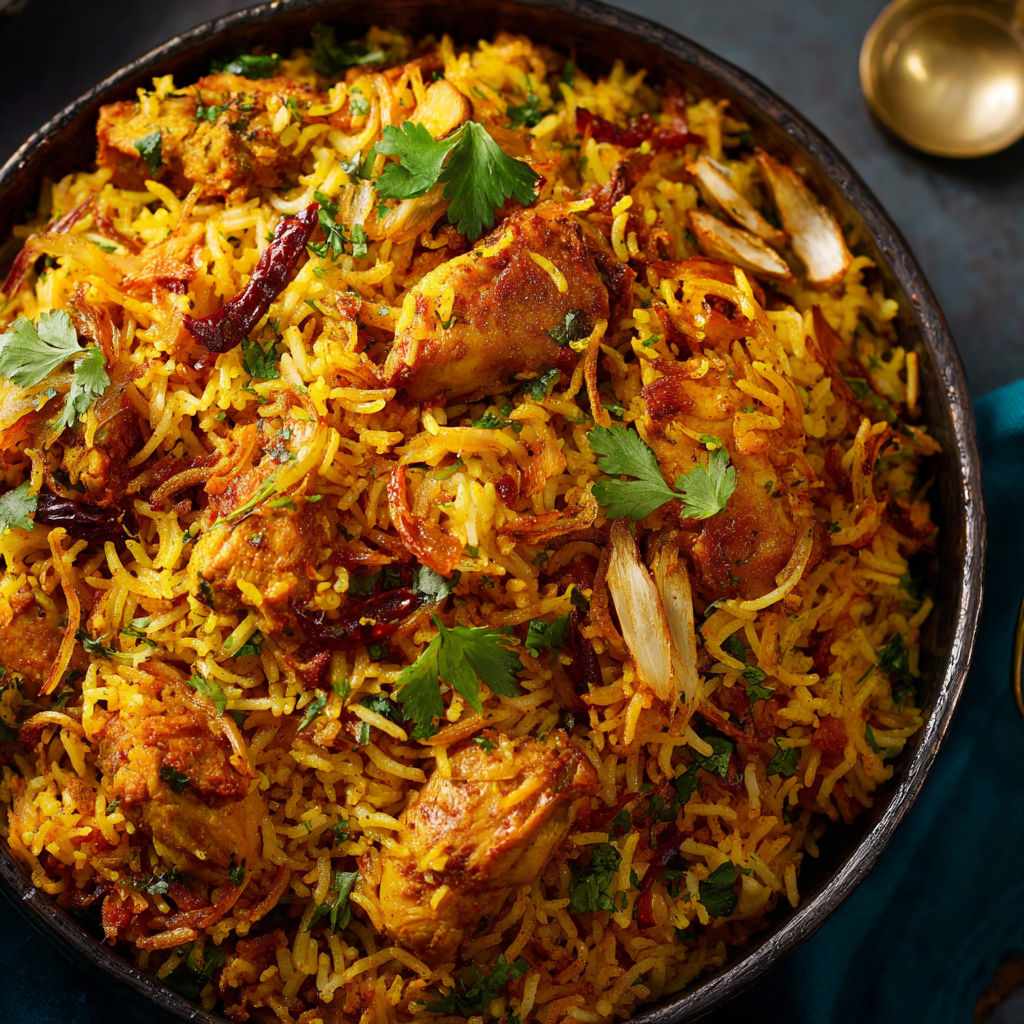 A delicious Chicken Biryani dish is served in a bowl, ready to be enjoyed.