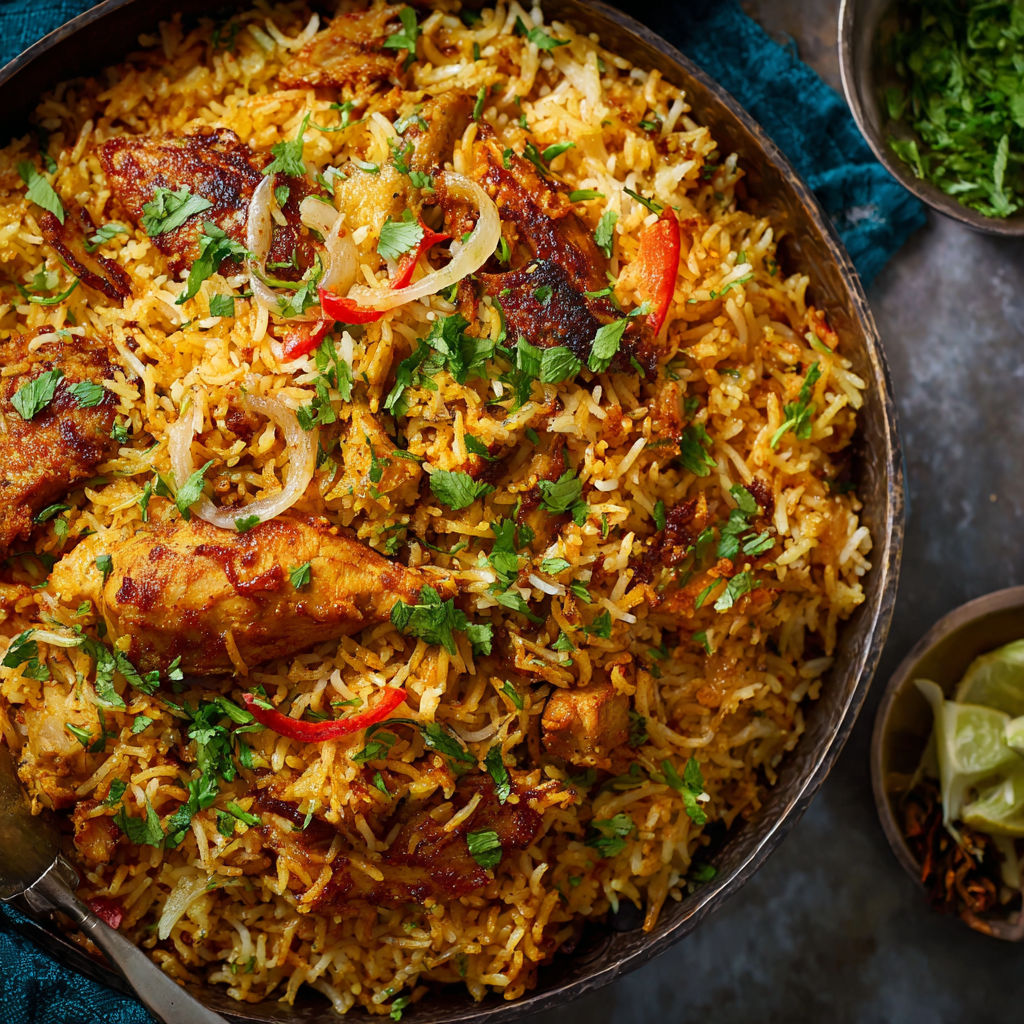 A large bowl of rice with meat and vegetables, including onions and peppers.