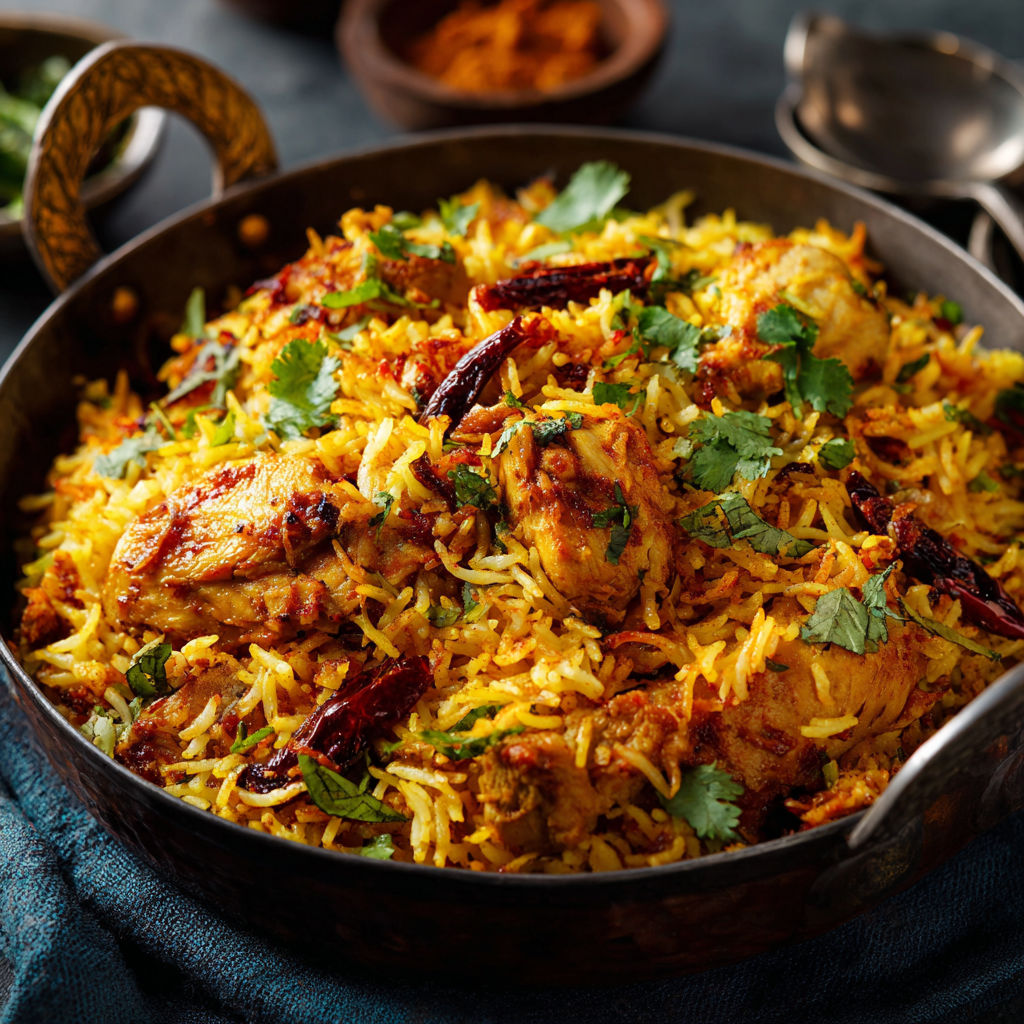 A large bowl of rice with chicken and vegetables, including red peppers, is served on a table.