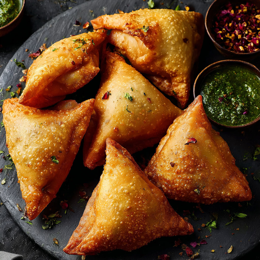 A plate of delicious samosas with a side of green sauce.