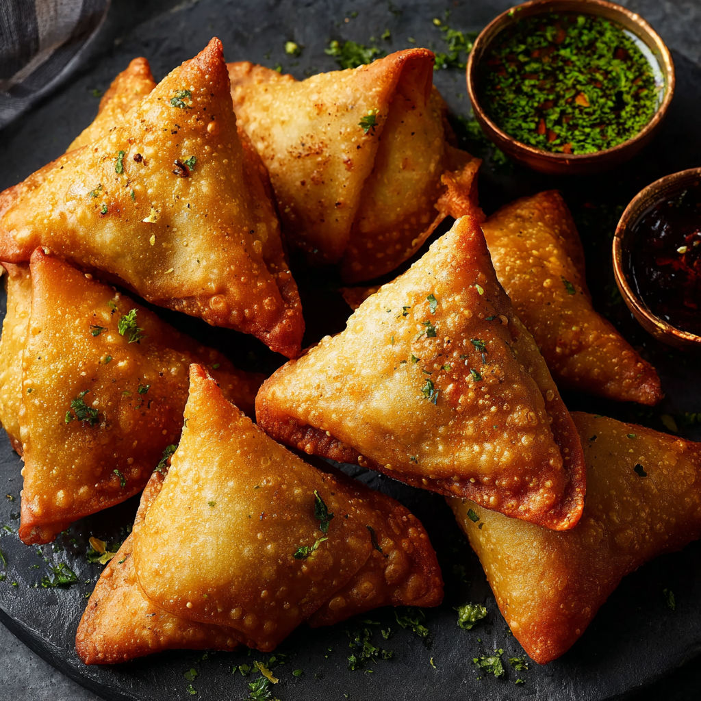 A plate of delicious looking samosas with a bowl of sauce on the side.