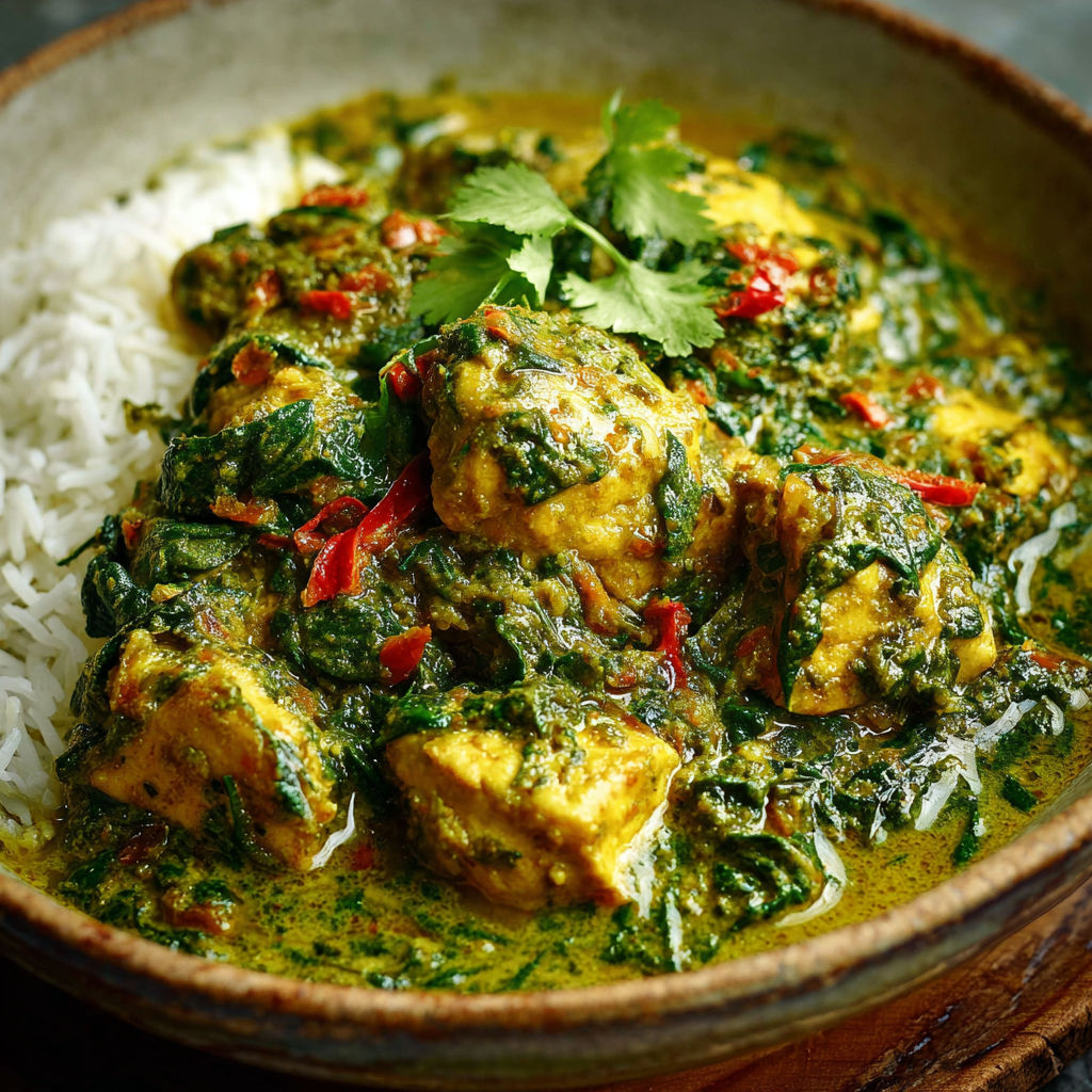 A bowl of Chicken and Spinach Curry is served on a wooden table.