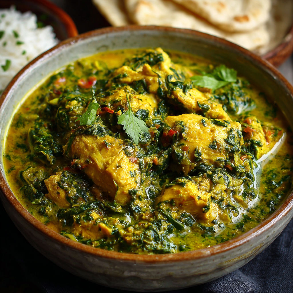 A bowl of chicken curry with greens and spices.