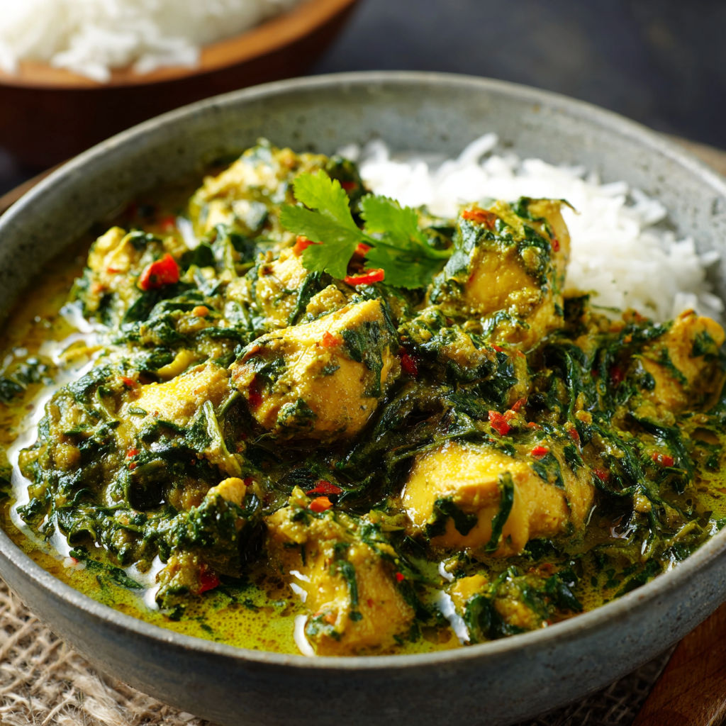 A bowl of green curry with rice and a green herb on top.
