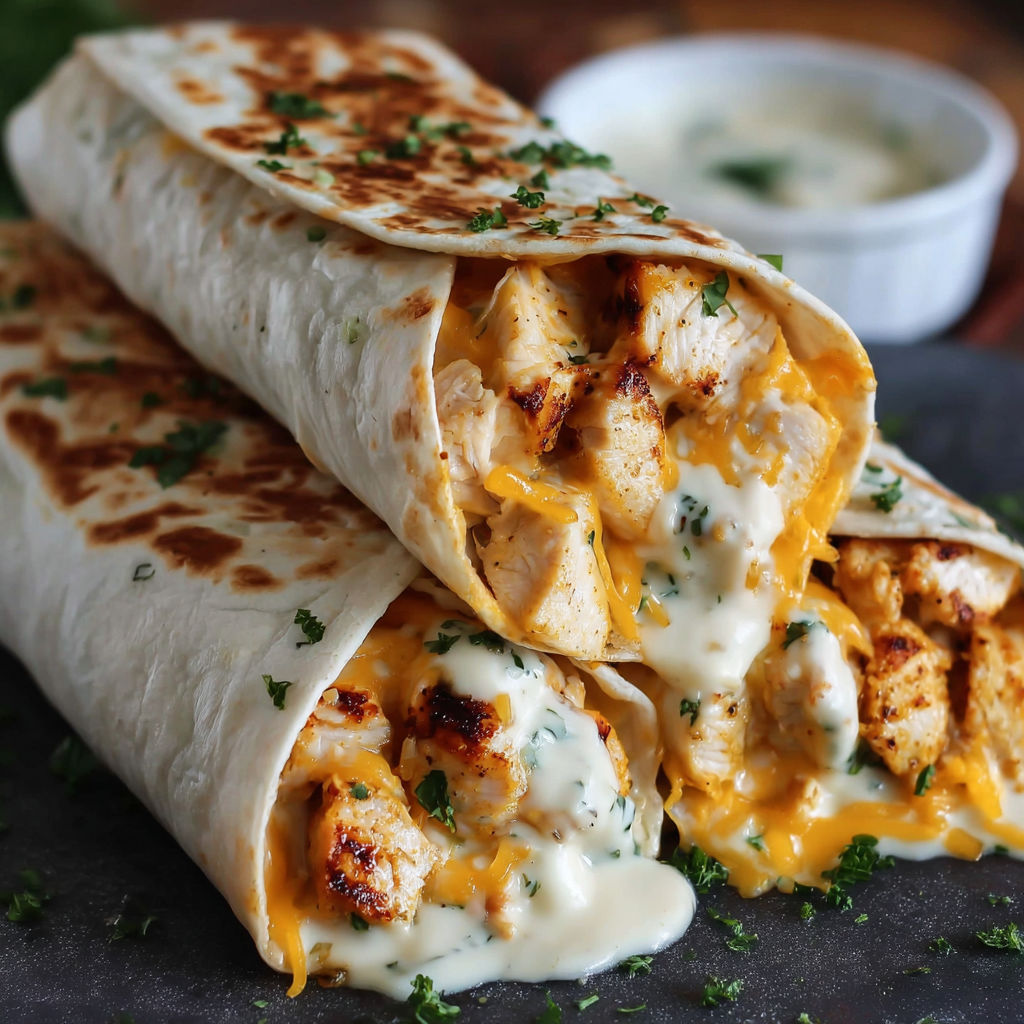 A delicious chicken wrap with cheese and sauce, ready to be enjoyed.