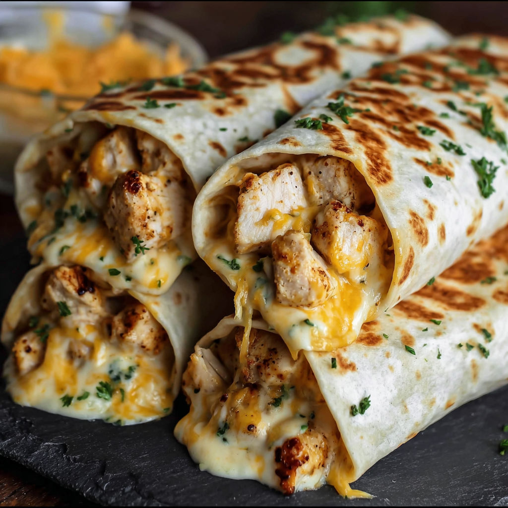 A delicious chicken burrito is served on a black plate, with a side of cheese and sour cream.