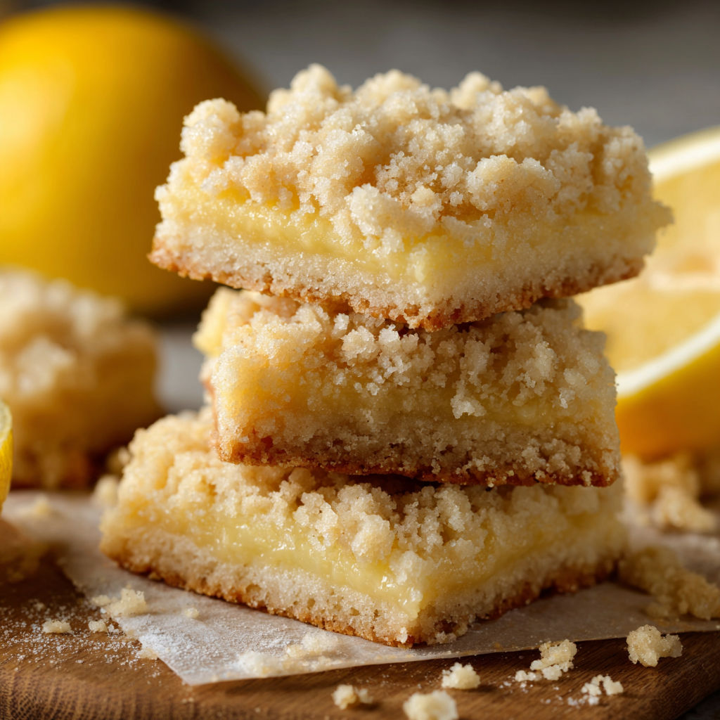 A stack of lemon squares on a wooden table.