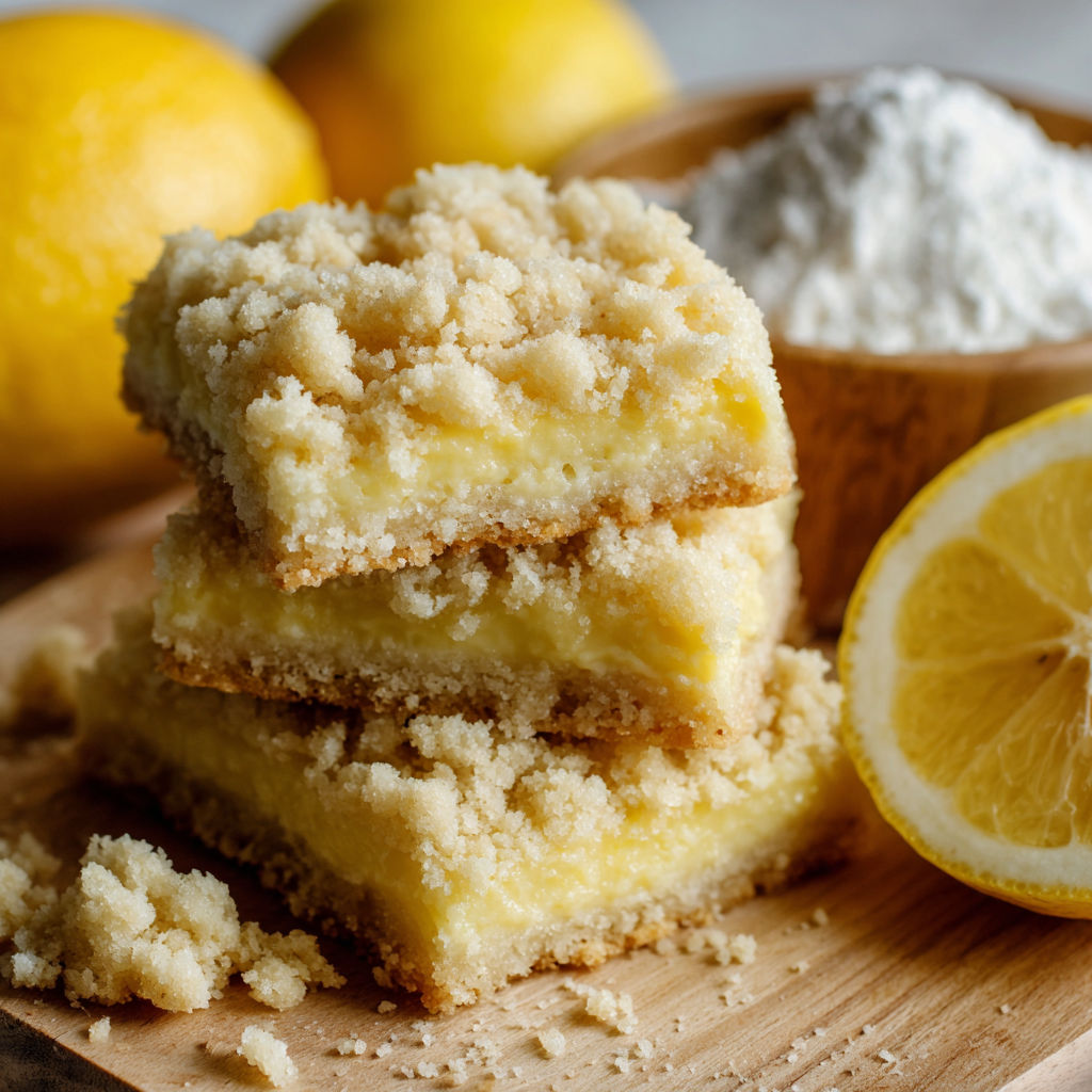 A stack of lemon squares with a bowl of powdered sugar on the side.