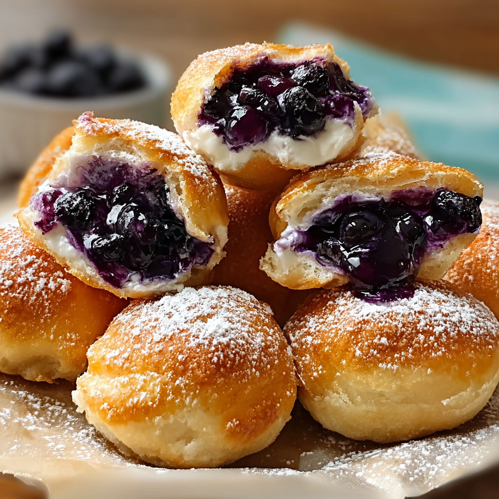 A plate of delicious blueberry pie bombs, topped with powdered sugar and blueberries.