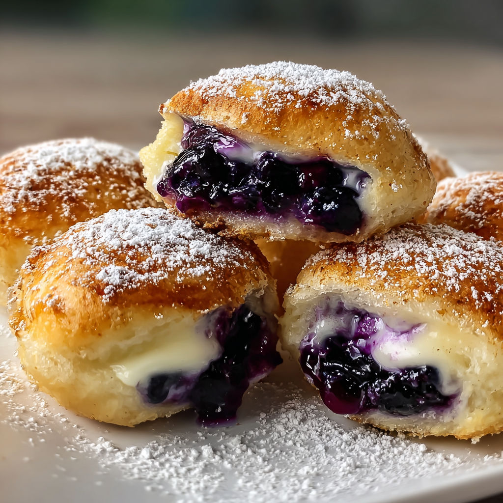 A plate of delicious blueberry pie bombs, covered in powdered sugar, are ready to be enjoyed.