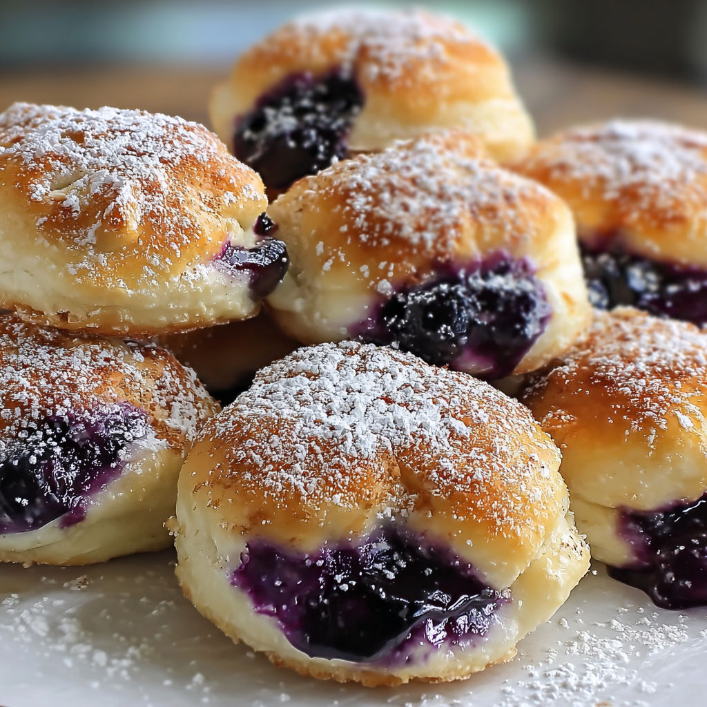 A plate of delicious Blueberry Pie Bombs, covered in powdered sugar and blueberries.