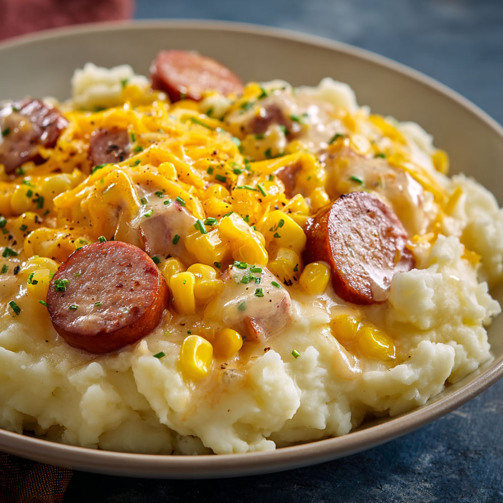 A delicious meal of sausages, mashed potatoes, and buttered corn.