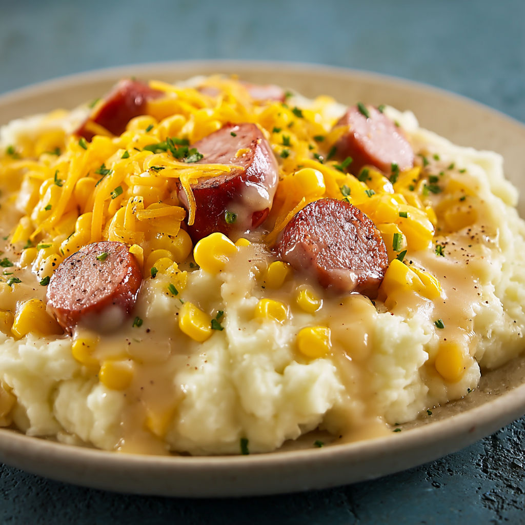 A plate of food with a variety of ingredients, including corn, cheese, and sausage, is presented on a table. The dish appears to be a cheesy sausage and corn casserole.