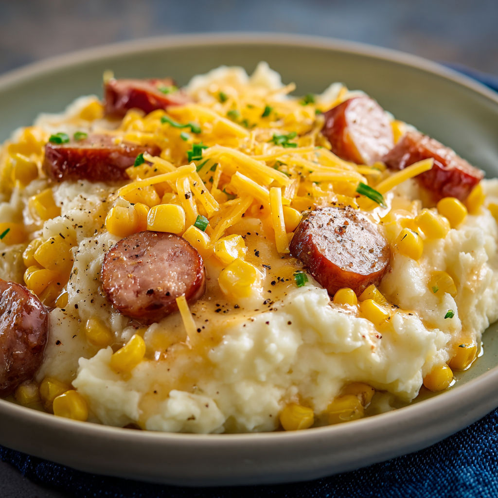 A plate of food with a variety of ingredients, including corn, cheese, and sausage, is presented on a table.