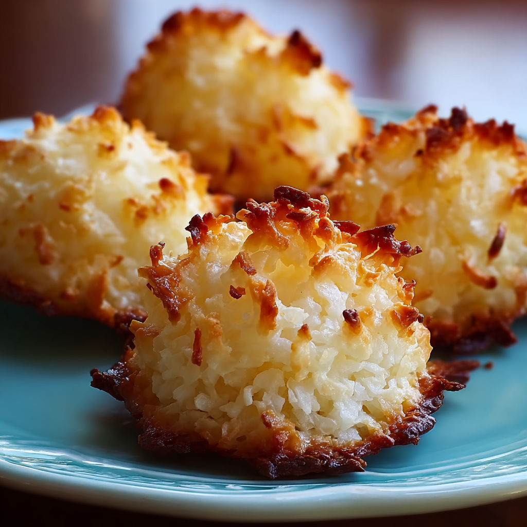A plate of coconut macaroons, a popular dessert, is displayed on a table.