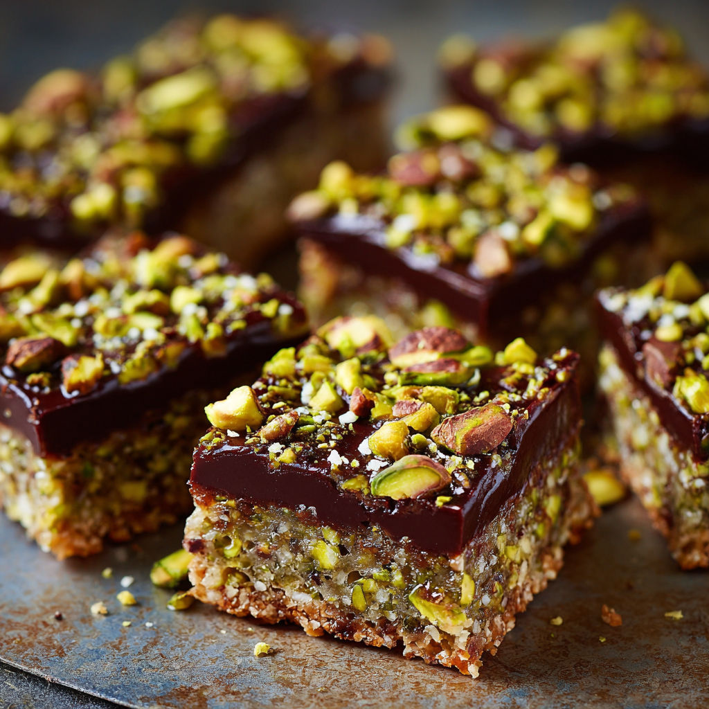 A close-up of a delicious dessert with a chocolate base and almonds on top.