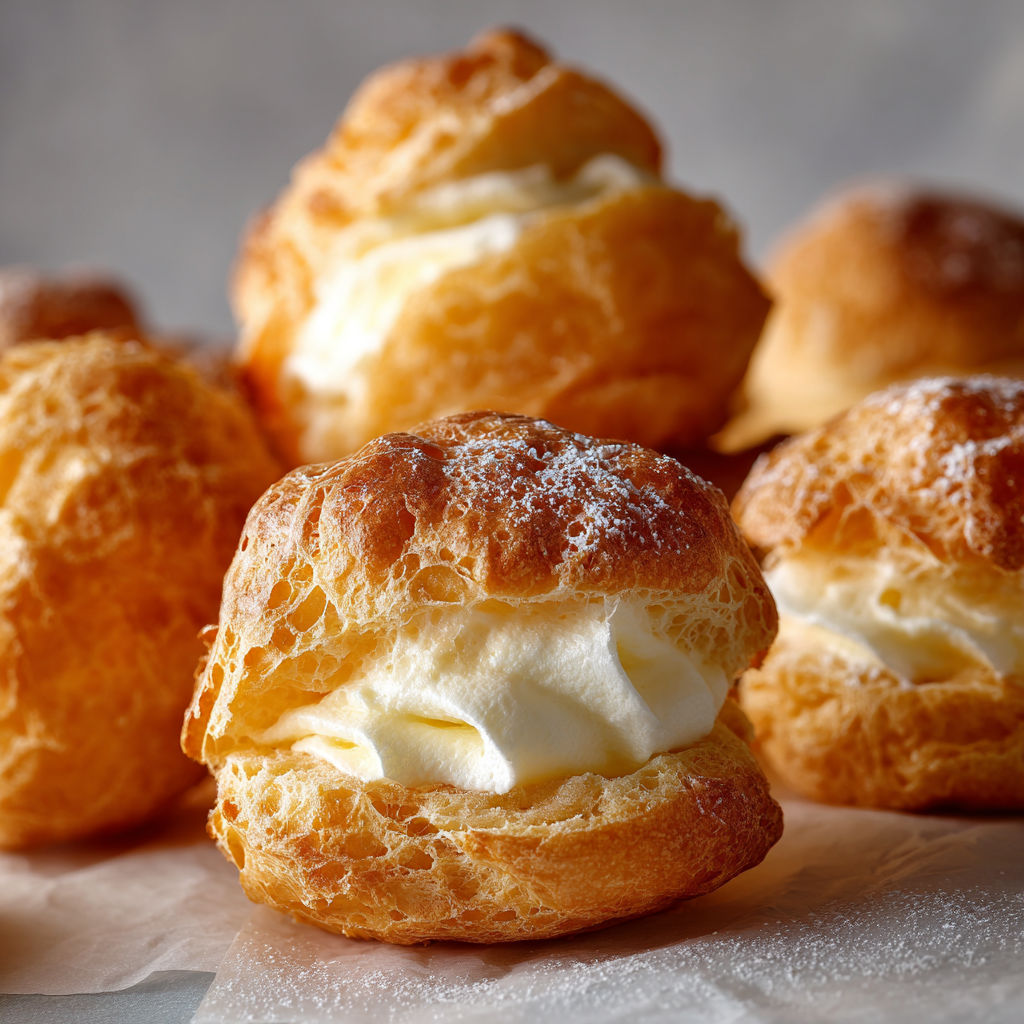 A delicious dessert, Mom's Irresistible Cream Puffs, is presented in a close-up view.