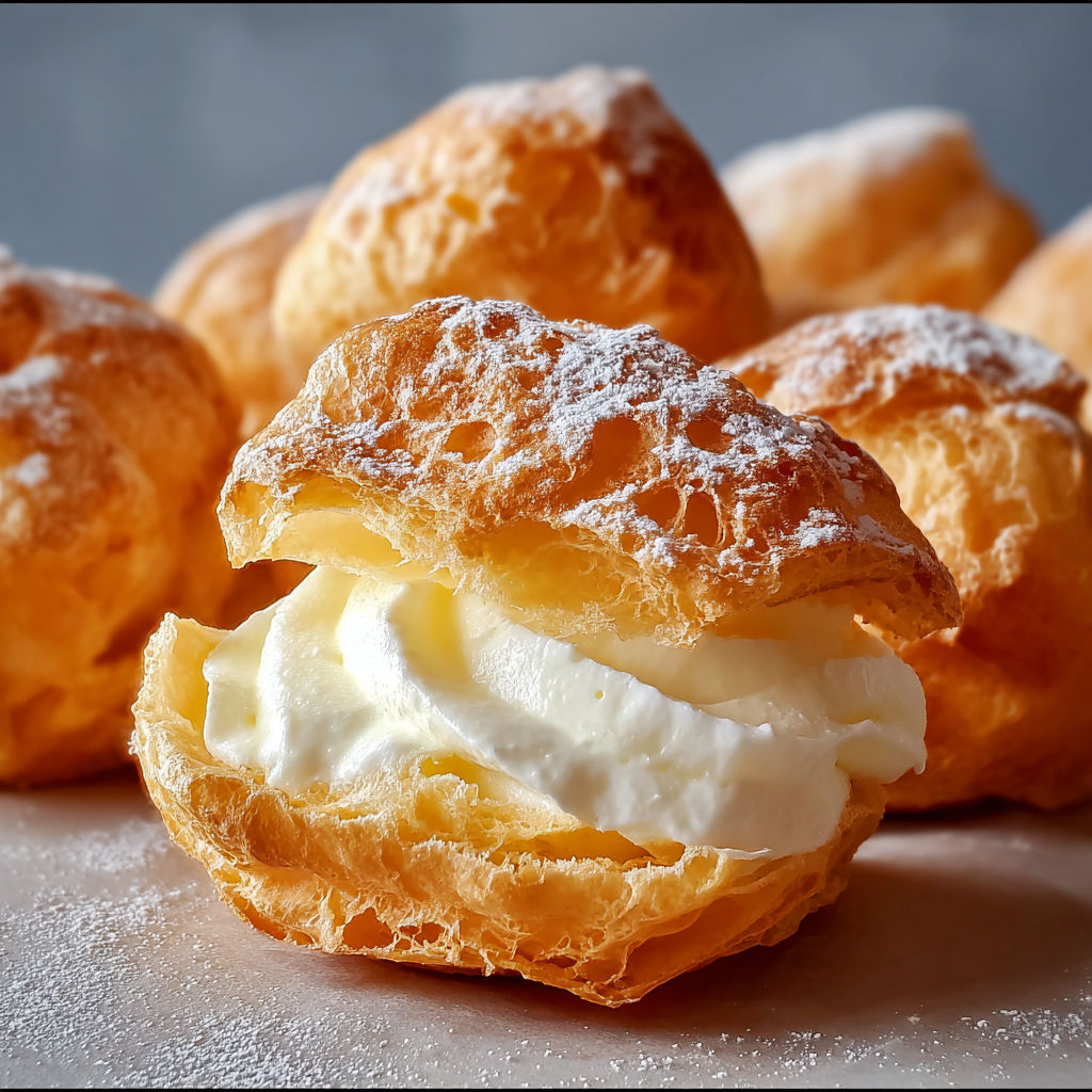 A delicious dessert, Mom's Irresistible Cream Puffs, is displayed on a table.