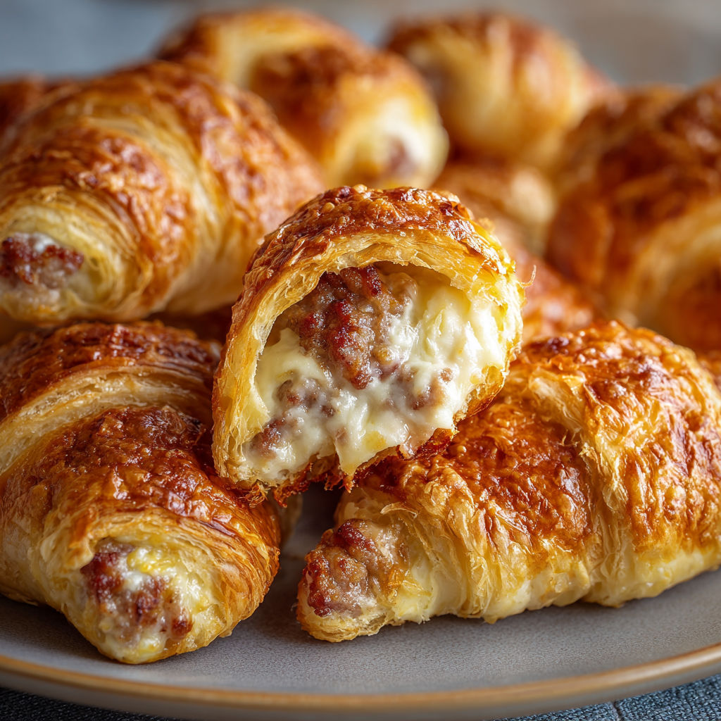 A plate of croissants filled with meat and cheese.