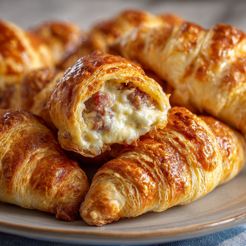 A plate of croissants filled with meat and cheese.