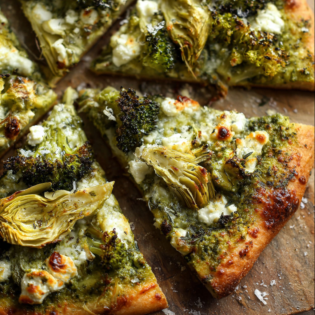 A pizza with broccoli and cheese on a wooden table.