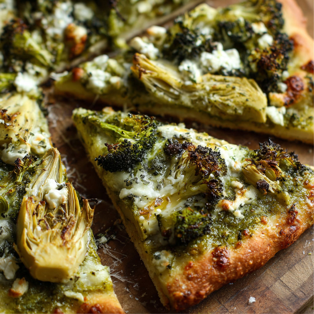 A pizza with broccoli and cheese on a wooden table.