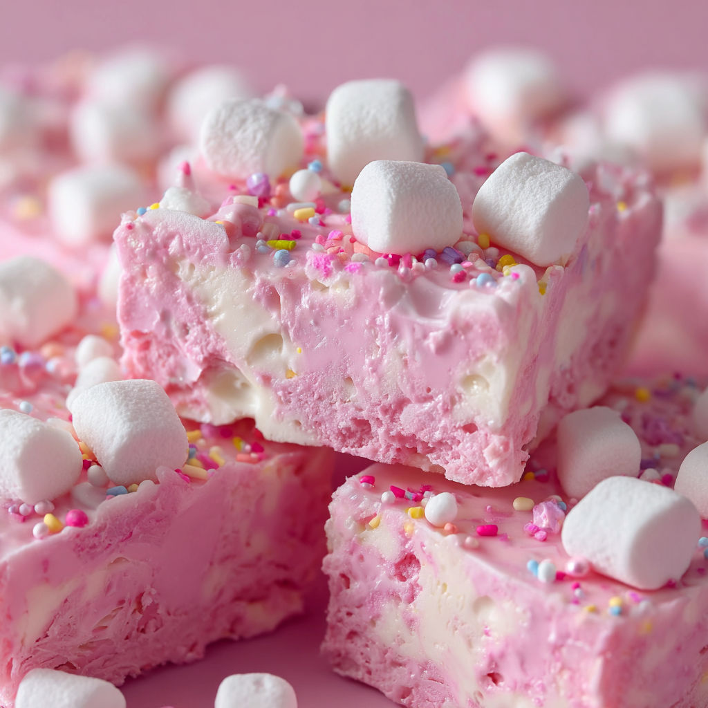 A close up of a pink dessert with marshmallows and sprinkles on top.