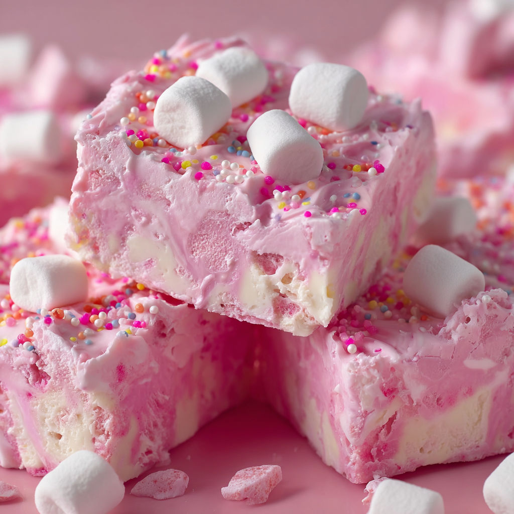 A pink dessert with marshmallows and sprinkles on top.