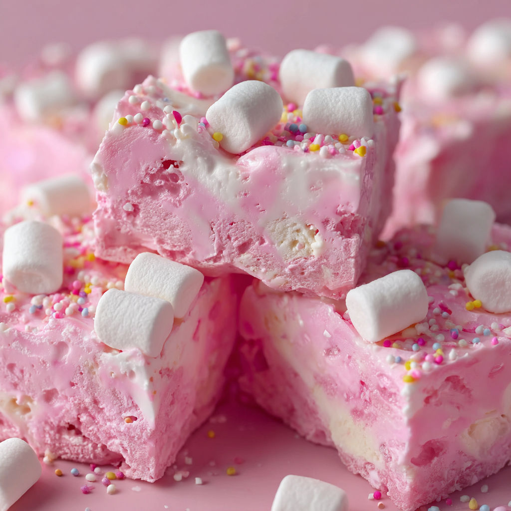 A close up of a pink dessert with marshmallows and sprinkles on top.