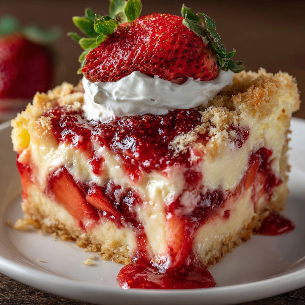 A slice of Strawberry Cheesecake Dump Cake with a dollop of whipped cream on top.