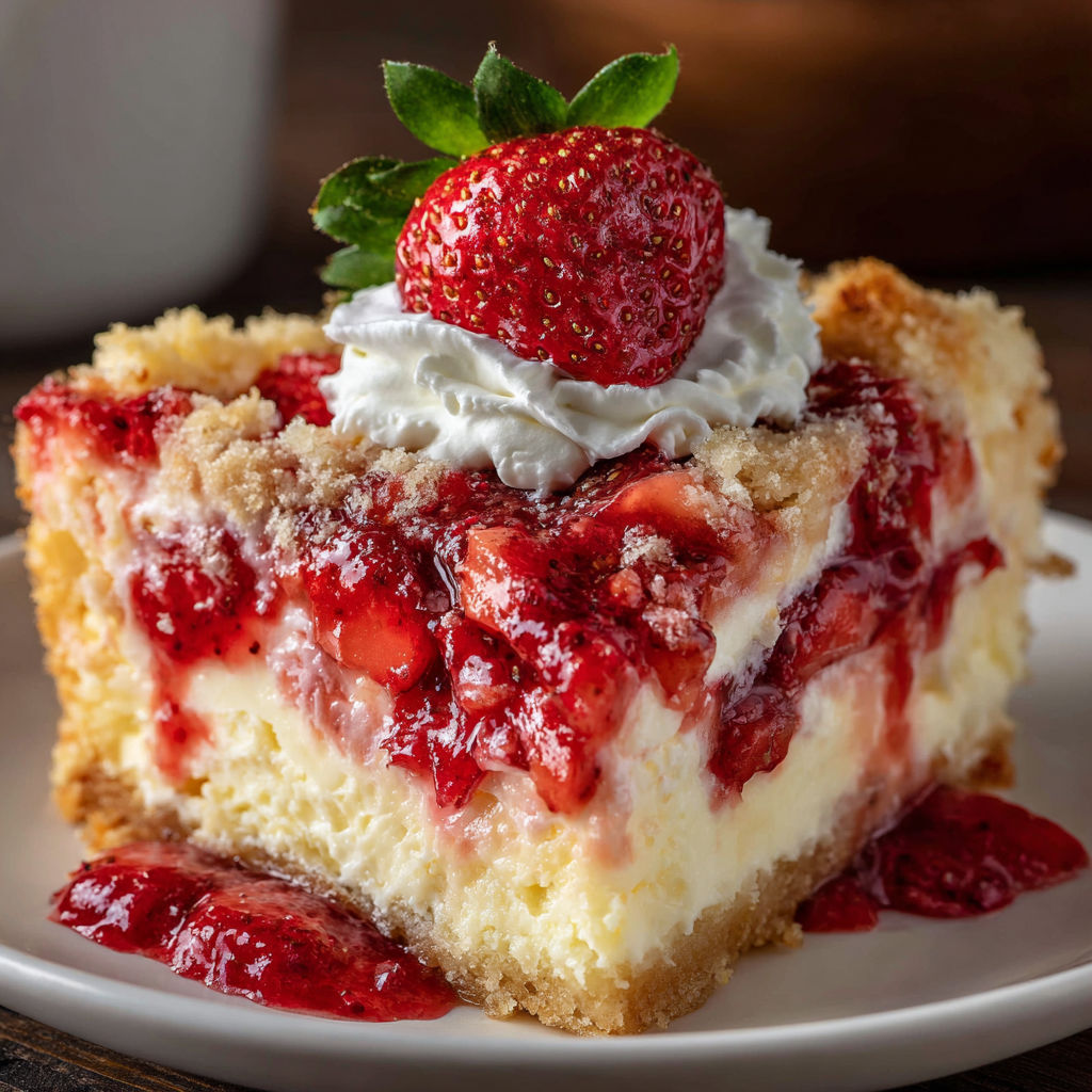 A slice of cheesecake with strawberries on top, served on a white plate.