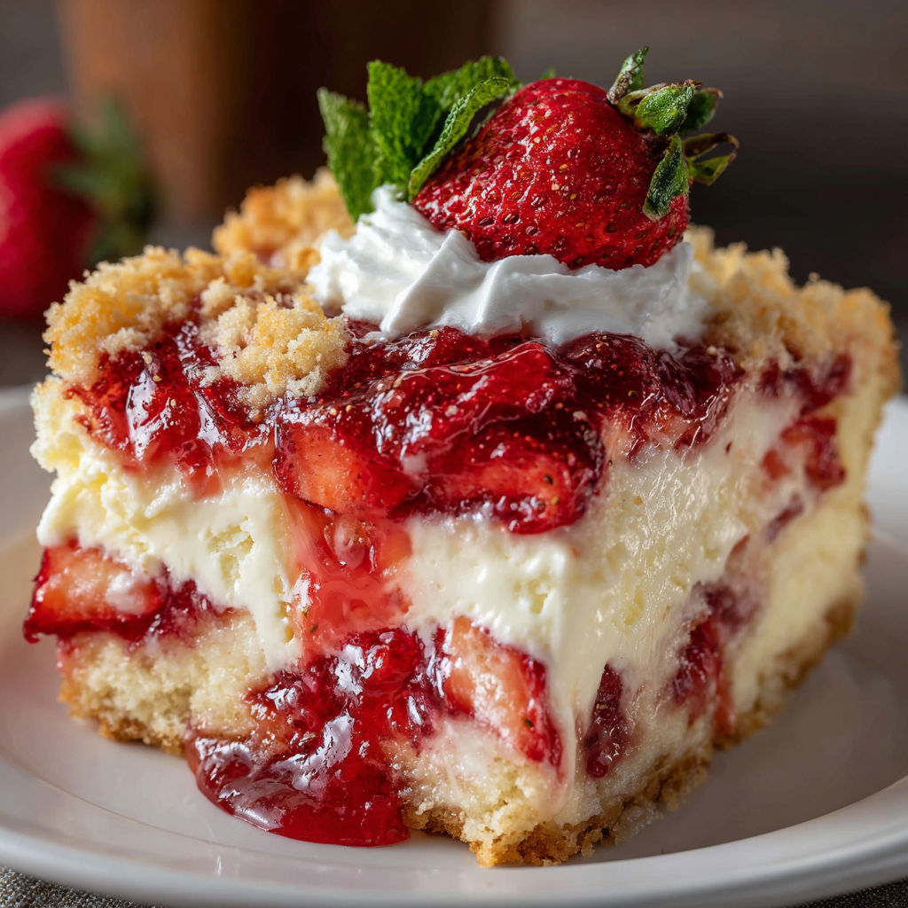 A slice of strawberry cheesecake with whipped cream on a white plate.