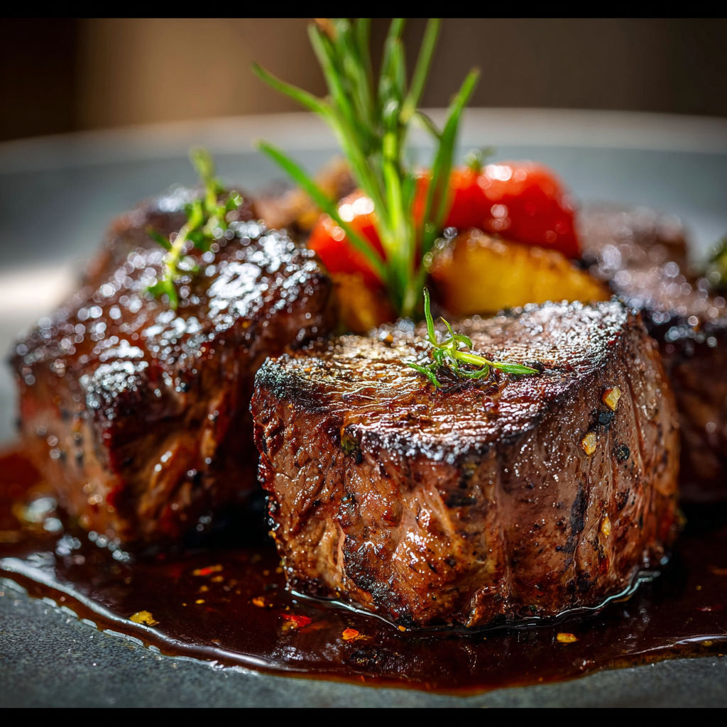 A plate of meat with a garnish of herbs and tomatoes.